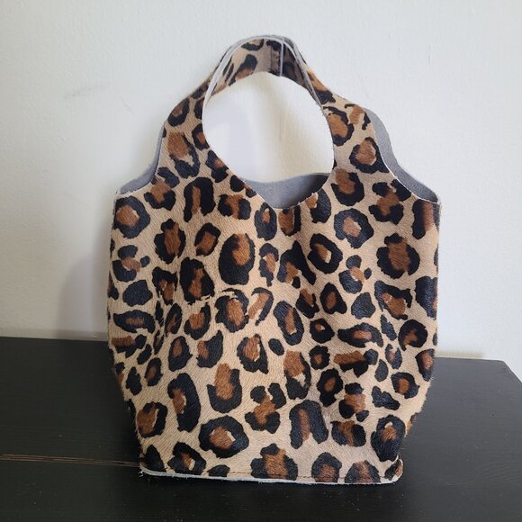 Ann Mashburn Bucket Bag Leather Leopard Print Pony Hair Purse Italy - Picture 2 of 7